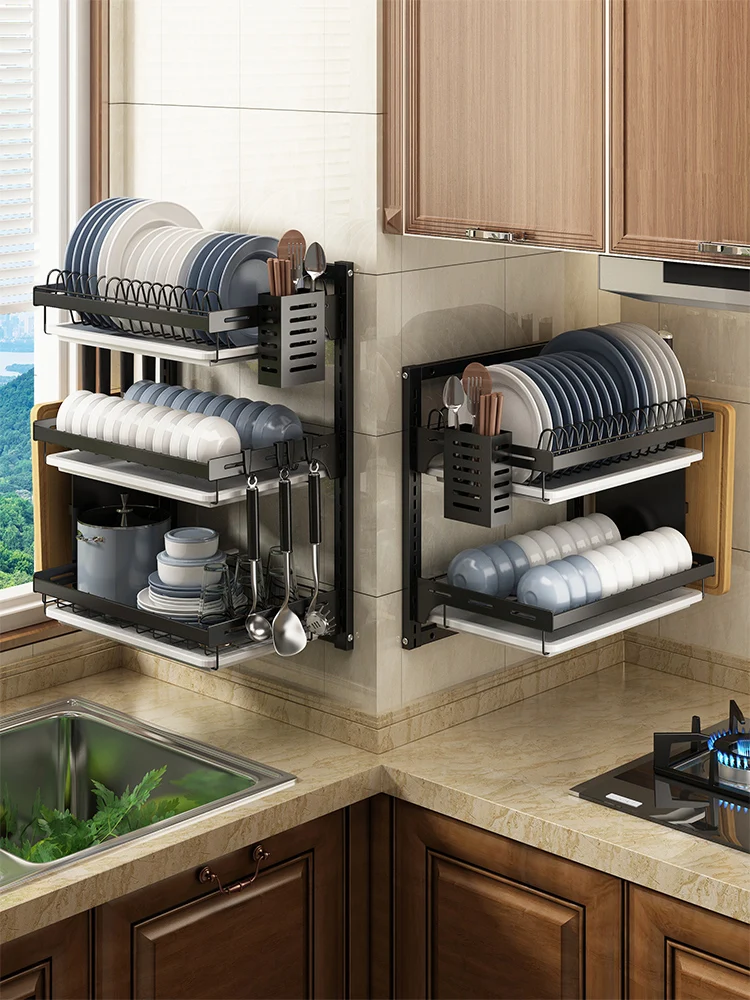 Kitchen dish rack, wall-mounted multi-function storage shelf, non-punched cupboard, chopstick storage rack