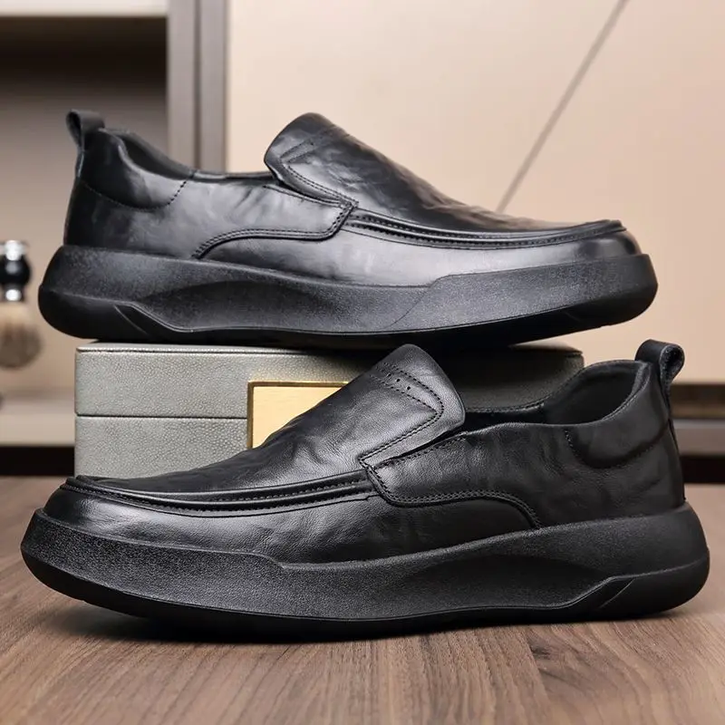 Genuine Leather Shoes Men Casual Trendy Loafers Elegant Comfortable Formal Business Office Flat Board Shoe Dating Driving Brown