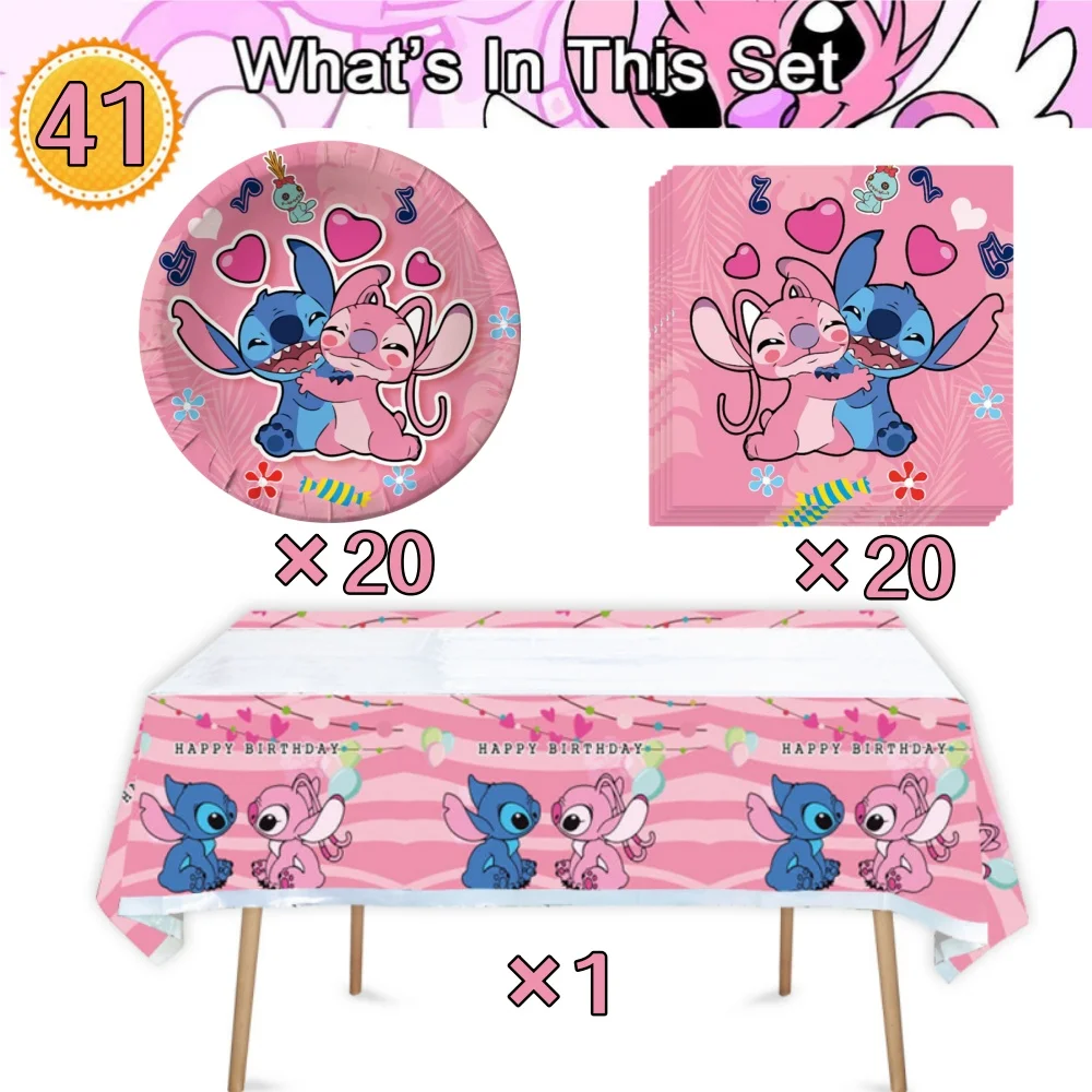 Pink Stitch Party Supplies for Girls, 20 Plates, 20 Napkins, 1 Tablecloths, Baby Shower Decorations, Birthday Party, 41 PCs/Set