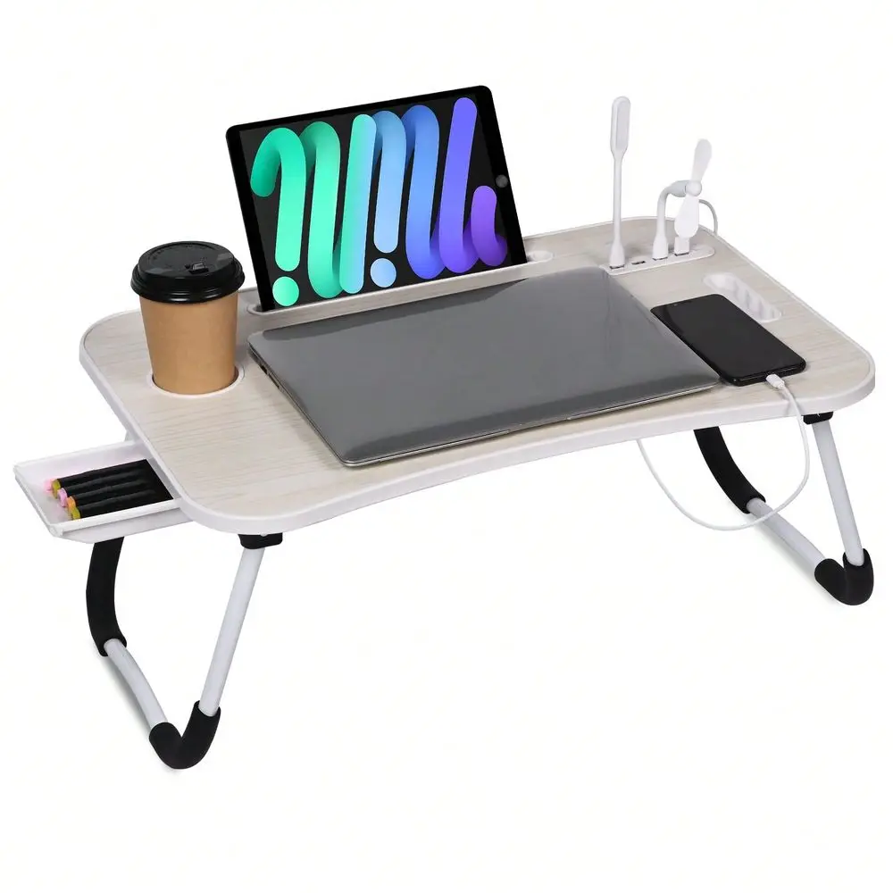 

Bed Desk, Portable Foldable Laptop Table With USB Charging Port, Cup Holder Storage Drawer, Lap Desk Tray For Bed, Sofa Floor,