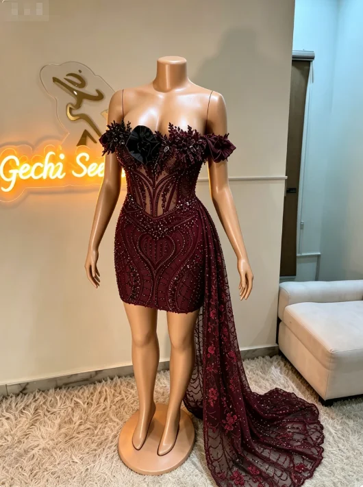 Black Beaded Prom Gowns Corset Homecoming Dress Off Shoulder Mini Gown With 3D Floral Appliques 2026 Customized