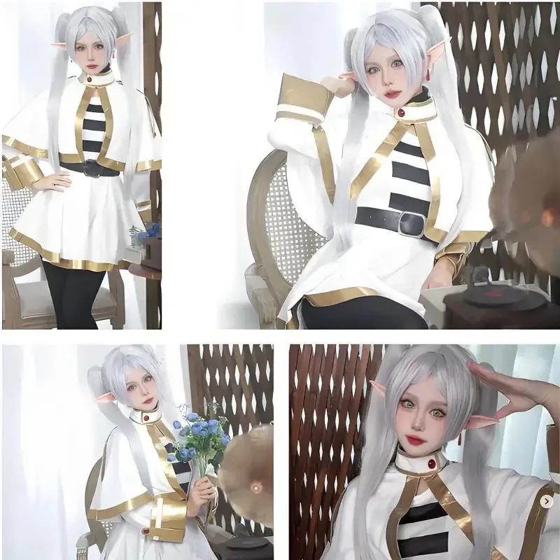 Sousou No Frieren Cosplay Costume Wig Shoes Anime Magician Dress Elf Ear Halloween Party Charistmas for Women Girls