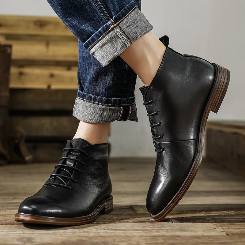 Botines de lujo para hombre de cuero genuino hechos a mano 2025, calidad de otoño, tendencia británica, punta redonda, zapatos de negocios con cordones, talla masculina 47