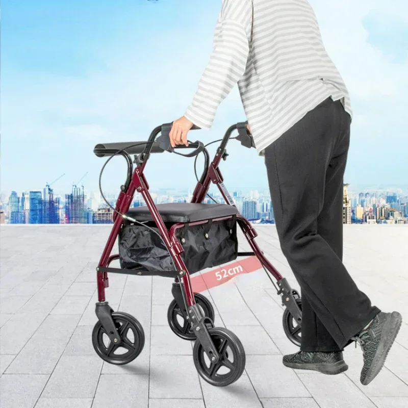 Elderly Shopping Cart with Backrest - Four-Wheeled Portable Walker, Rehabilitation Trolley with Comfortable Seating