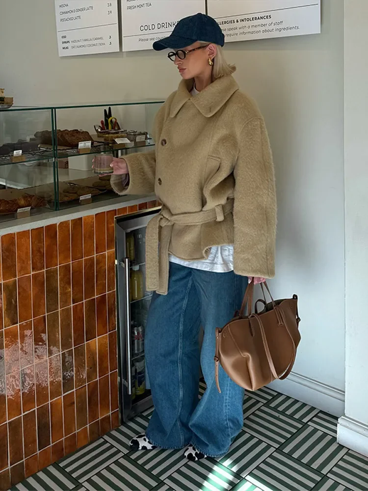 

Short Wool Blend Lace-up Button-Down Jackets Fashion Streetwear Casual Ofit Elegant Women's Fuzzy Belted Coat Jacket Oversized