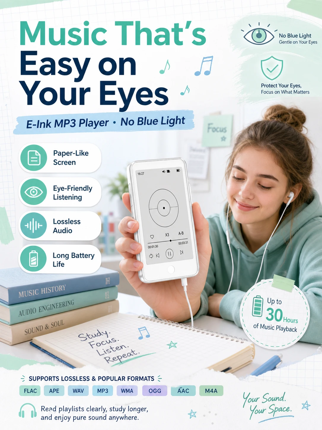 2026 Schüler E-Ink Bildschirm MP3-Player Ohne Blaulicht 64GB Verlustfreie FLAC/APE Eingebaute Hintergrundbeleuchtung | 75H Akku-Rekorder mit langer Laufzeit – Detail 5