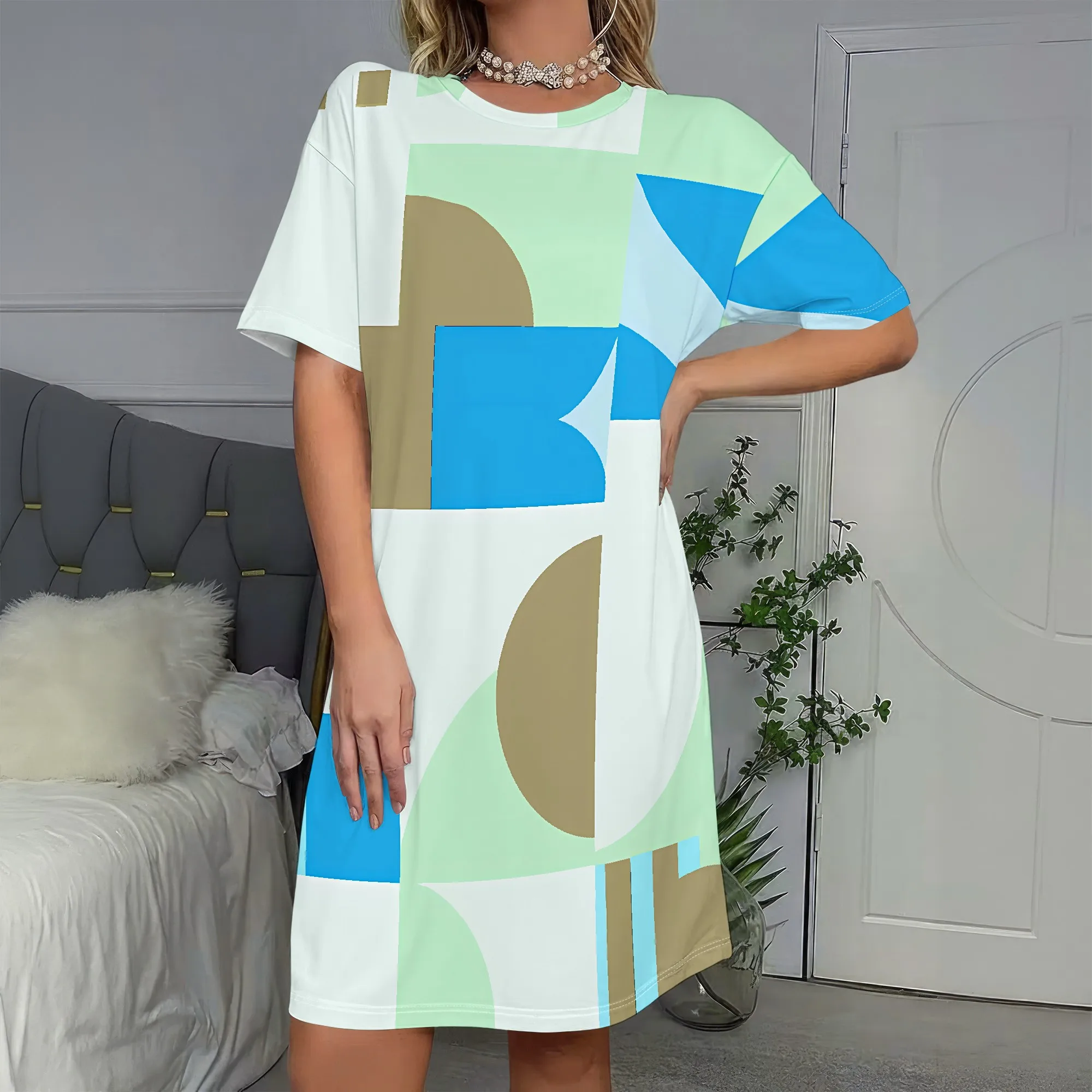 

Abstract Art Print, Oversized T-Shirt Dress, Geometric Pattern, Color Block Style, Casual Loose Fit, Summer Vacation Wear, S-2XL