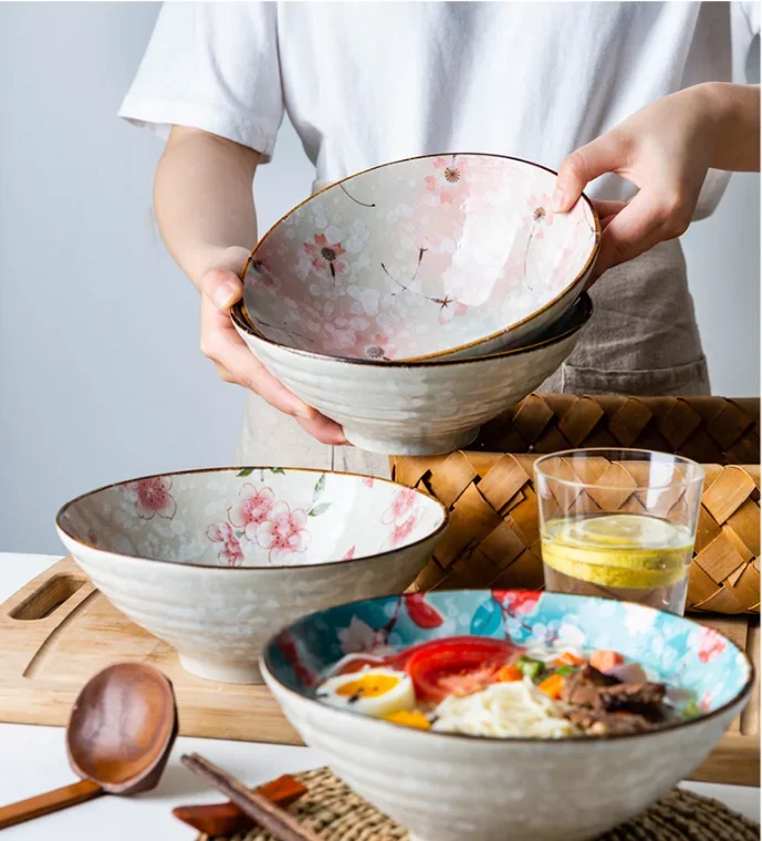 Japanese Style Sakura Pattern Ceramic Large Bowl Home Kitchen Utensils Noodles Rice Soup Salad Bowl Kitchenware Christmas Gifts