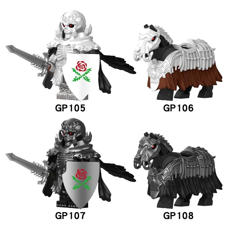 GP105-108 Caballo de Guerra Caballero Calavera Blanca y Caballero Calavera Negra, Bloques de Construcción Ensamblables, Bolsa de Regalo