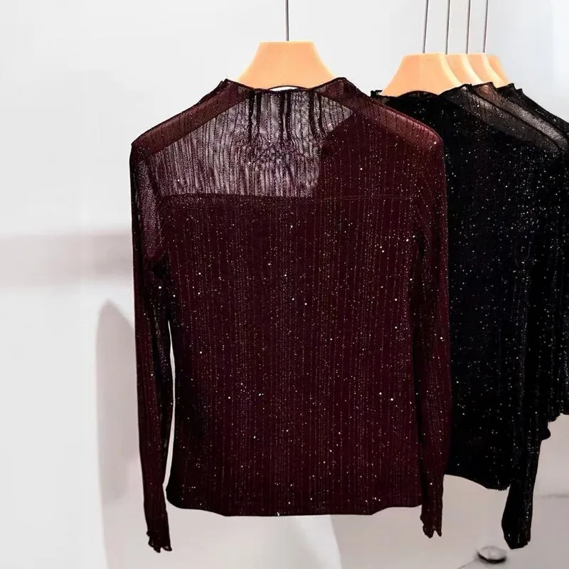 

Повседневные яркие шелковые тюлевые футболки с длинными рукавами для женщин, модные и универсальные слегка прозрачные топы