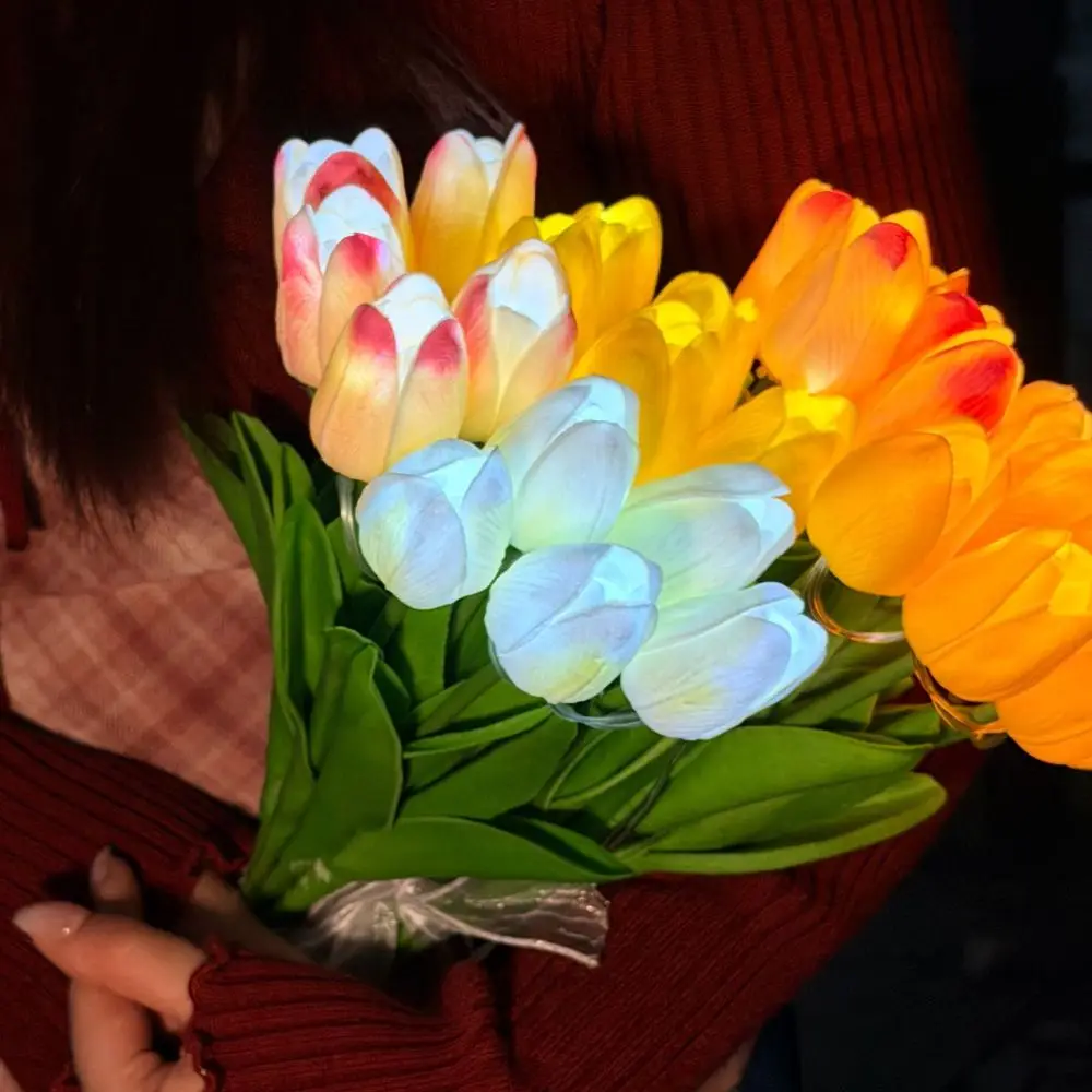 5pcs/15pcs Warm Light Tulip Night Light Real Touch Handheld Tulip Lamp Luminous Flower Shaped LED Artificial Flowers Romantic