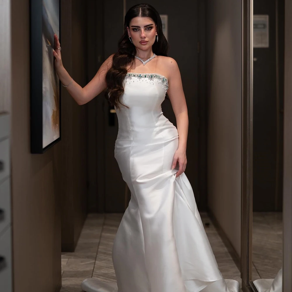 

Белое атласное вечернее платье русалки без бретелек по индивидуальному заказу, блестящее вечернее платье без рукавов с кристаллами, длиной до пола, платье для выпускного вечера с открытой спиной