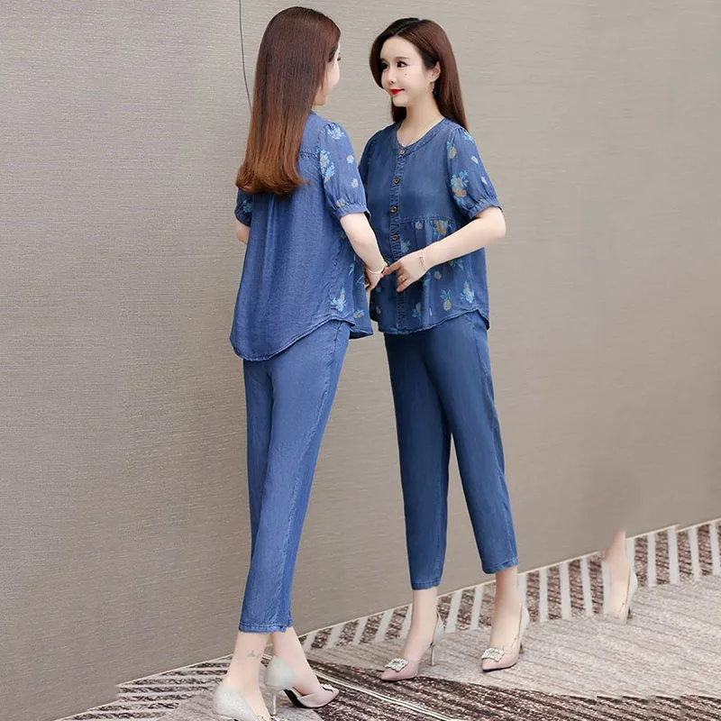 High End Denim Casual Suit Women 2024 Summer Thin Print Short Sleeved Single Breasted Top+ Cropped Pants 2PCS Set Female 4XL