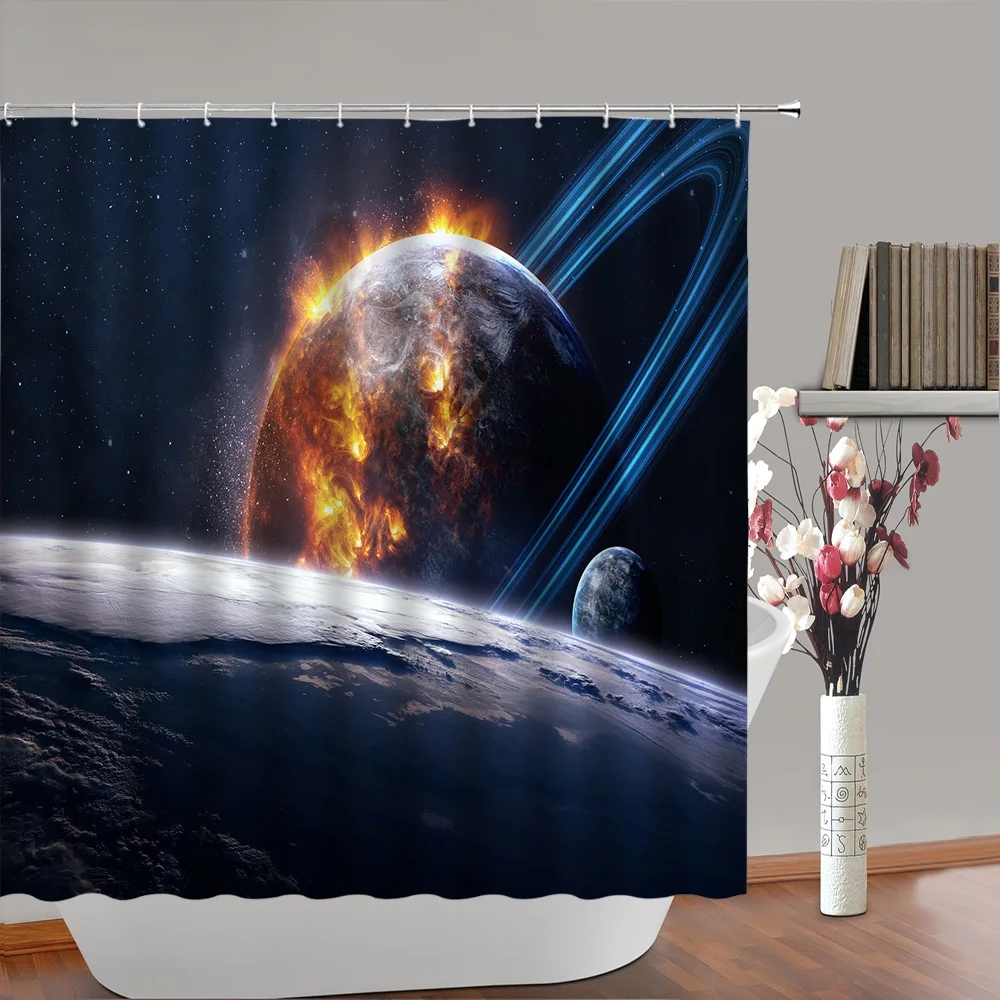 

Blue Galaxy Shower Curtain Starry Sky Earth Planet Outer Space Cosmic Bathroom Curtains Home Decor Waterproof Fabric Screen Sets