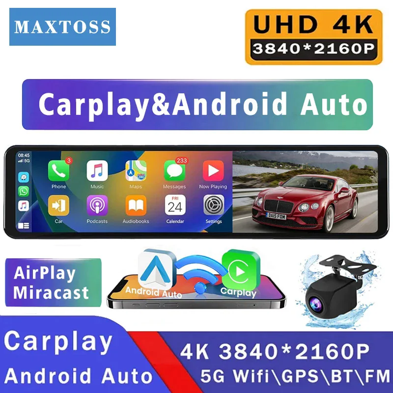 11.26 Inch Mirror Dash Cam 4K+1080P Dual‑Lens Wireless Carplay Android Auto WIFI GPS Navigation Front Rear HD Car DVR Recorder