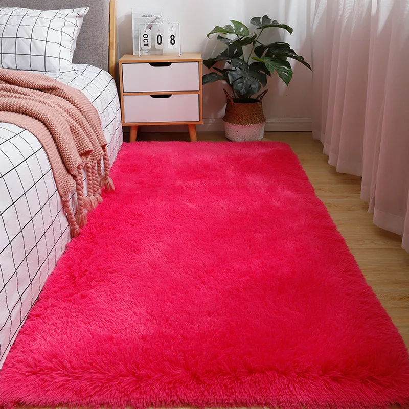 VIKAMA Solid Color Silk Wool Bedside Blanket for Girls Ins Bedroom Plush Carpet Non-slip Sole  Living Room Carpet Cute Rug