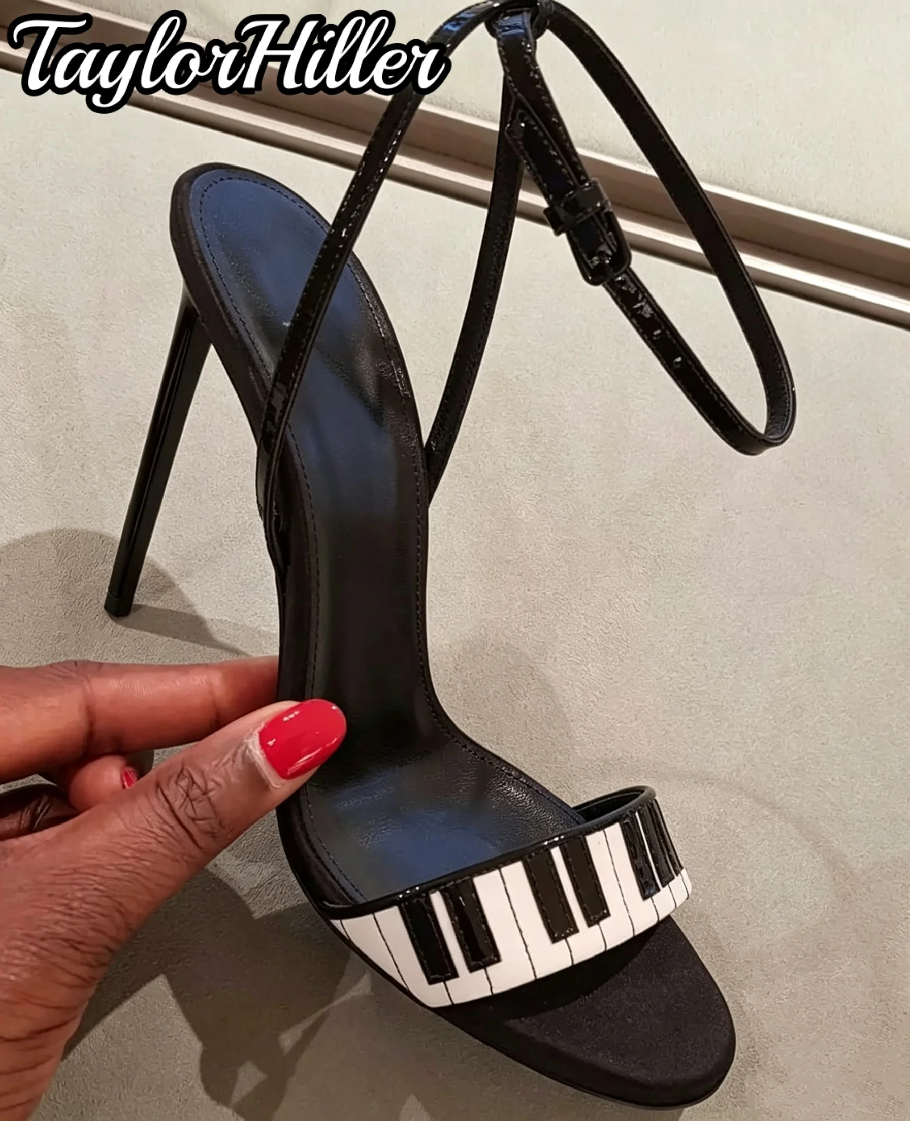 TaylorHiller Women Piano Heeled Sandals Key Print Stiletto Open Toe Ankle Buckle Strap Thin High Heels Ladies Party Club Shoes - view 5