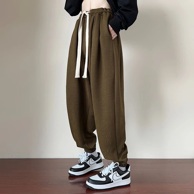 

American Retro Men's Casual Pants Spring Autumn Sle Texture Floral Casual Trousers Cuffed Sports Pants High Waist Loose Fit