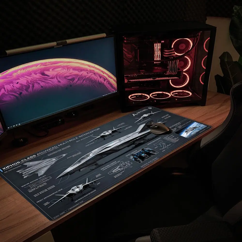 Large Gaming Mouse Pad Sci-Fi Starship Fighter Blueprint XXL Non-Slip Rubber Keyboard Deskmat Futuristic Space Office Table Mat