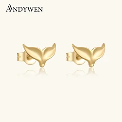 ANDYWEN 925 Sterling Silver Gold Fish Tail Stud Earring Clips Piercing Pendiente Women luxury Fine Jewelry Simple Jewels
