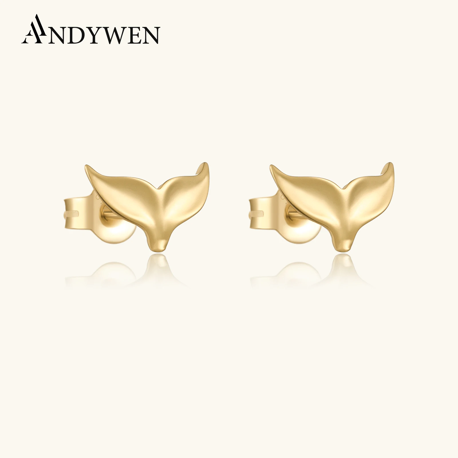 ANDYWEN 925 Sterling Silver Gold  Fish Tail Stud Earring Clips Piercing Pendiente Women luxury Fine Jewelry Simple Jewels