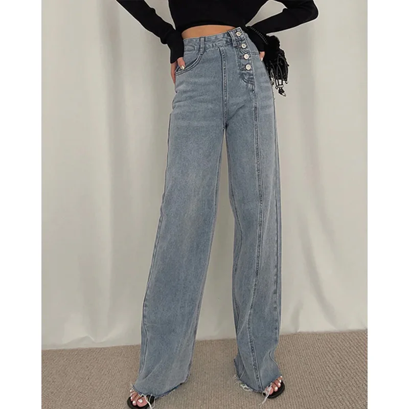 Irregular breasted high waisted jeans women's Raw edge straight leg pants Draping floor mop pants