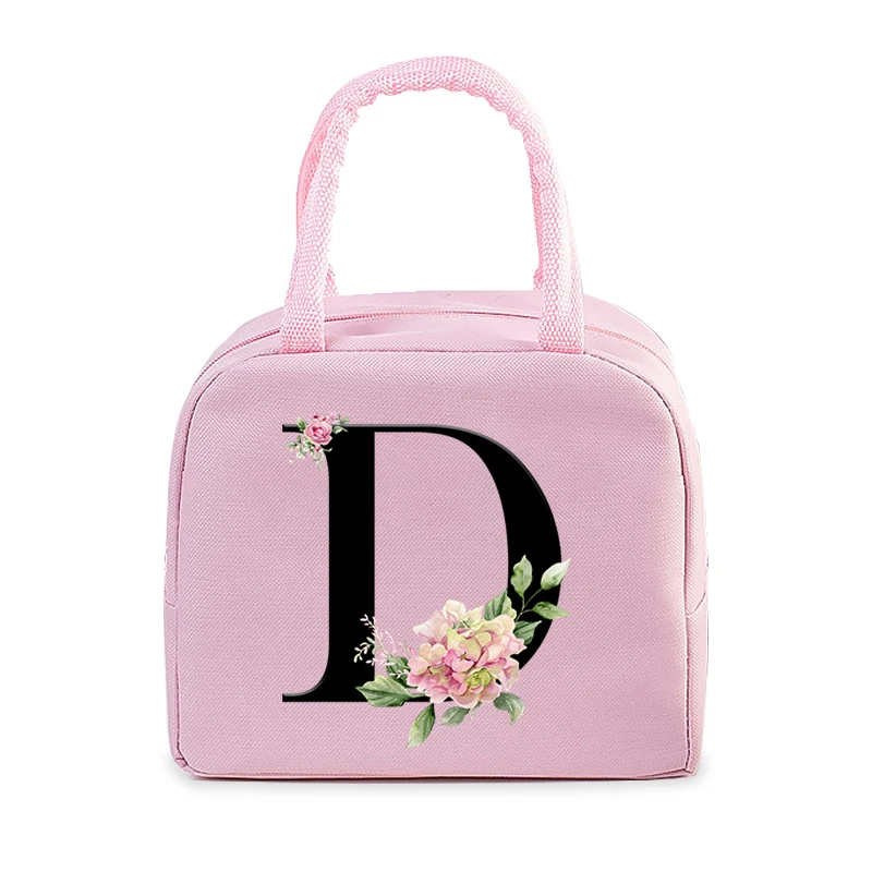 Pink Aesthetics Insulated Lunch Bags Vintage Flower 26 Alphabet Women Men Lunch Picnic Food Cooler Bag Lunch Box Storage Bag