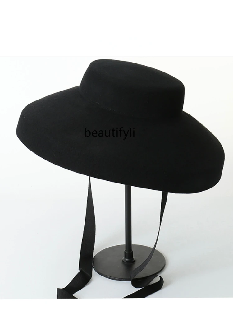 LBX plus-Sized Large Brim Shallow Flat Top Wool Top Hat Stage Shape British Elegance Felt Big Brim Bowler Hat for Women