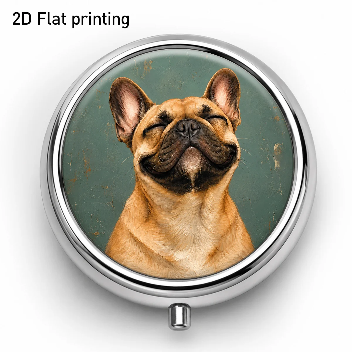 1 piece, flat print, round box with a closed-eyed French Bulldog pattern, three-compartment portable storage box, for small items, jewelry, medication, vitamins, with a warm-toned pet portrait, compartmentalized design, convenient storage, flat