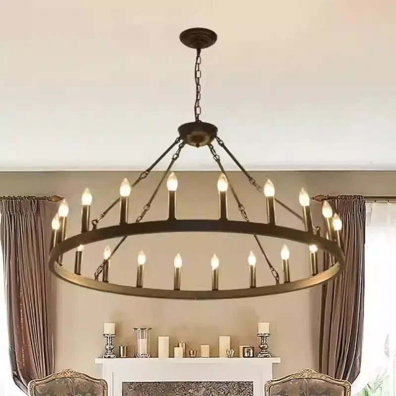 Living Room Cafe Restaurant Decoration Suspend Chandelier America Retro Industrial Iron Round Led Pendant Black Metallic Hanging