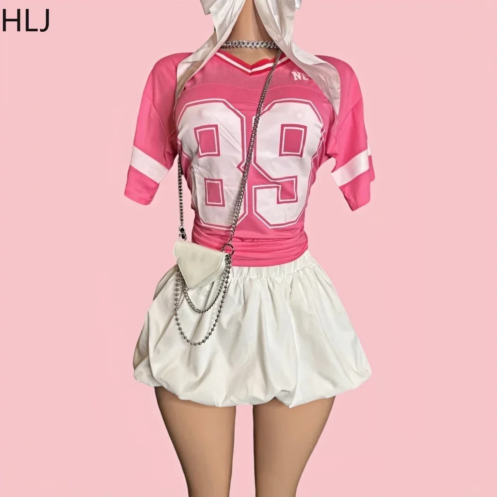 

HLJ&GG Sweet Women Bubble Skirts Two Piece Sets Fashion Letter Print V Neck Tshirt + Mini Skirts Outfits Female Trend Streetwear