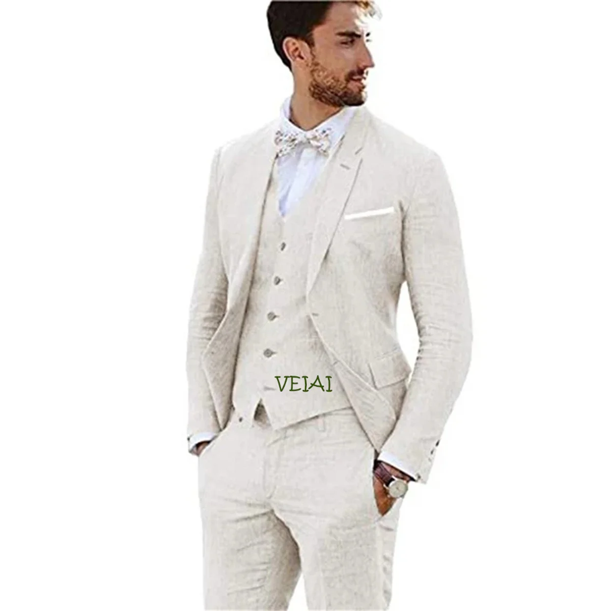 Traje de lino de nuevo diseño para hombre, conjunto Formal de 3 piezas para boda y graduación, chaqueta ajustada para novio, traje de esmoquin para padrino, traje para hombre