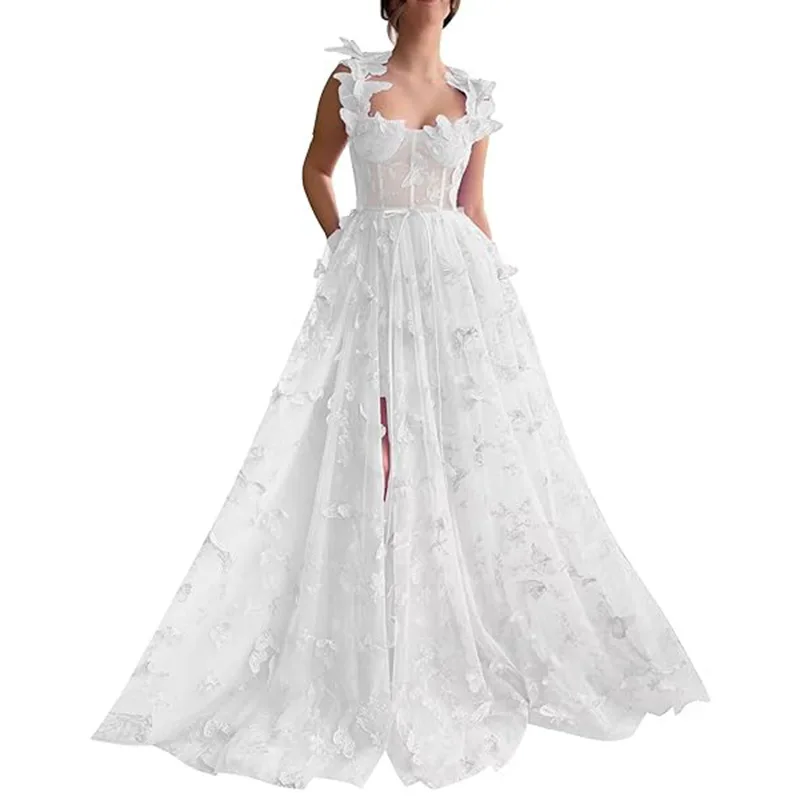 2026 New Women 3D Butterfly Appliqué Spaghetti Strap Dresses High Waist Tulle Maxi Gown Elegant Bridal Evening Formal Party Gown