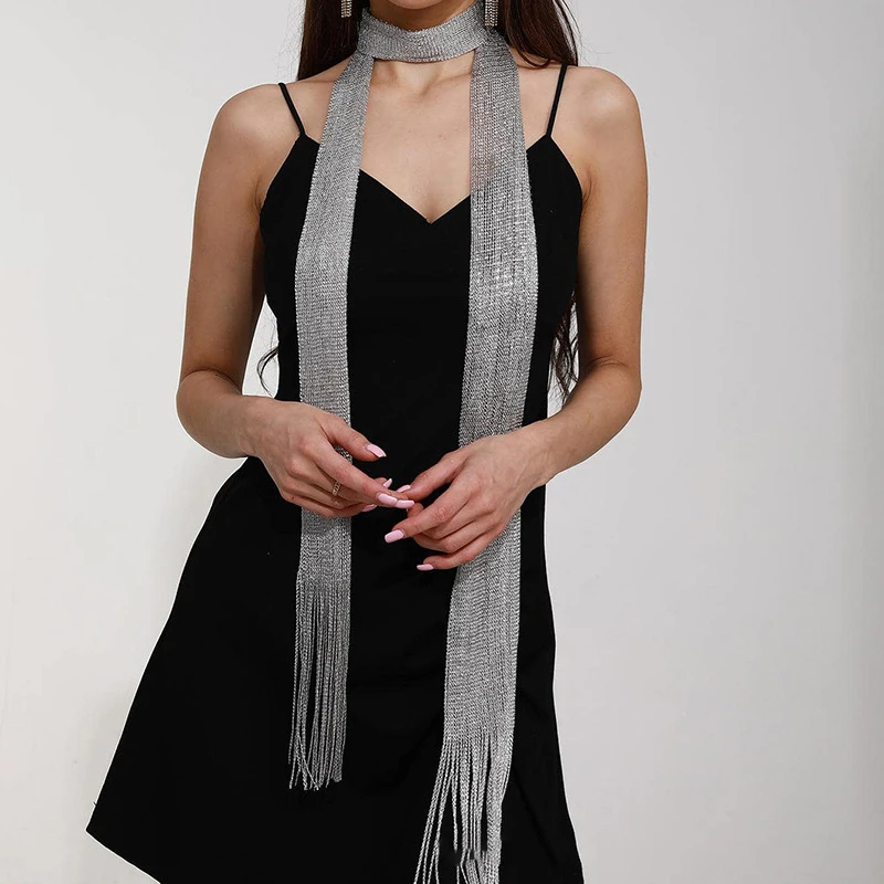 

Popular Solid Color Shinning Tassel Sheer Ribbon Scarf Wedding Party For Woman Neck Wrap Casual Collar Female Sparkly Scarf