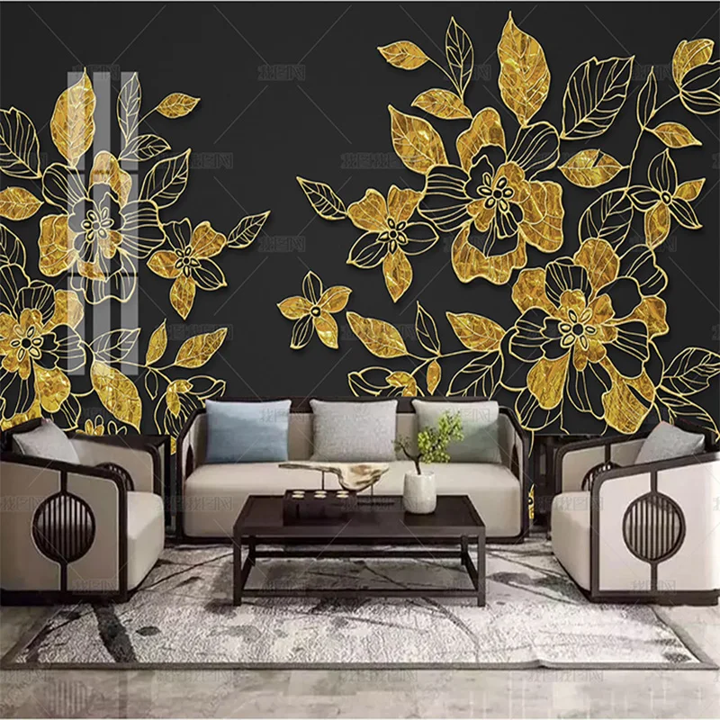 custom 3D Modern gold relief line wallpaper flowers enamel color leaf mural Nordic TV living room background wall 8d bedroom