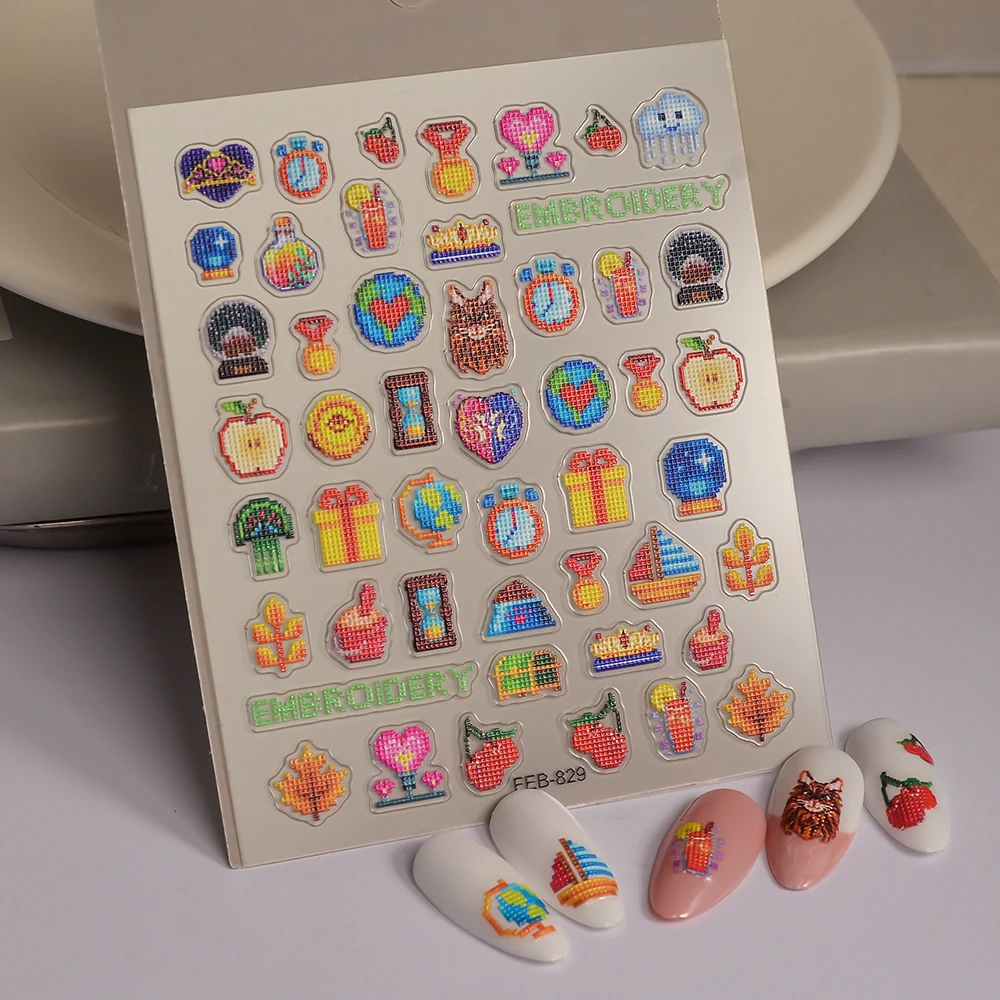 New Pixel Design Nail Sticker Embroidery Fruit  Adhesive Cute Nail Slider DIY Art Decorations Decals FEB-829