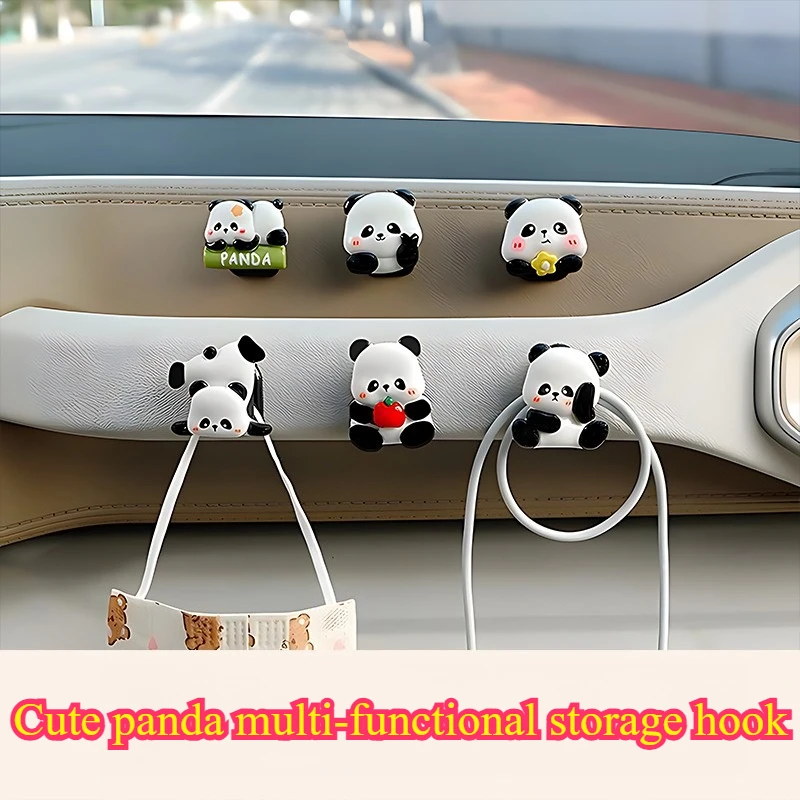 6pcs/set Car Front Cute Panda Multi-Functional Storage Hook Co-Pilot Non-Trace Paste Hook Travel Must-Have Universal Model
