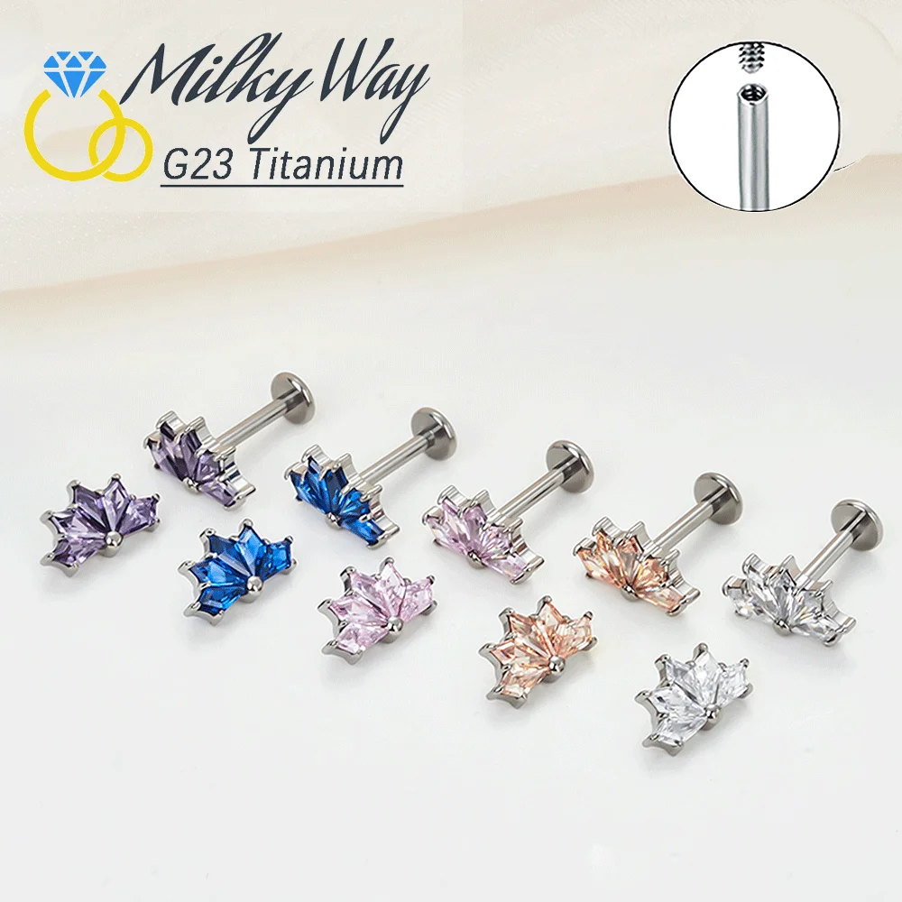 

G23 Titanium Piercing Set Maple Leaf Zircon Ear Stud Earrings Labret Internally Threaded Sexy Body Jewelry Fashion Accessories