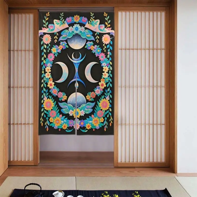 VIKAMA Black Floral Wreath Lunar Phase Door Curtain Colorful Blossom Crescent Full Moon Mystical Symbol Boho Art Linen Noren