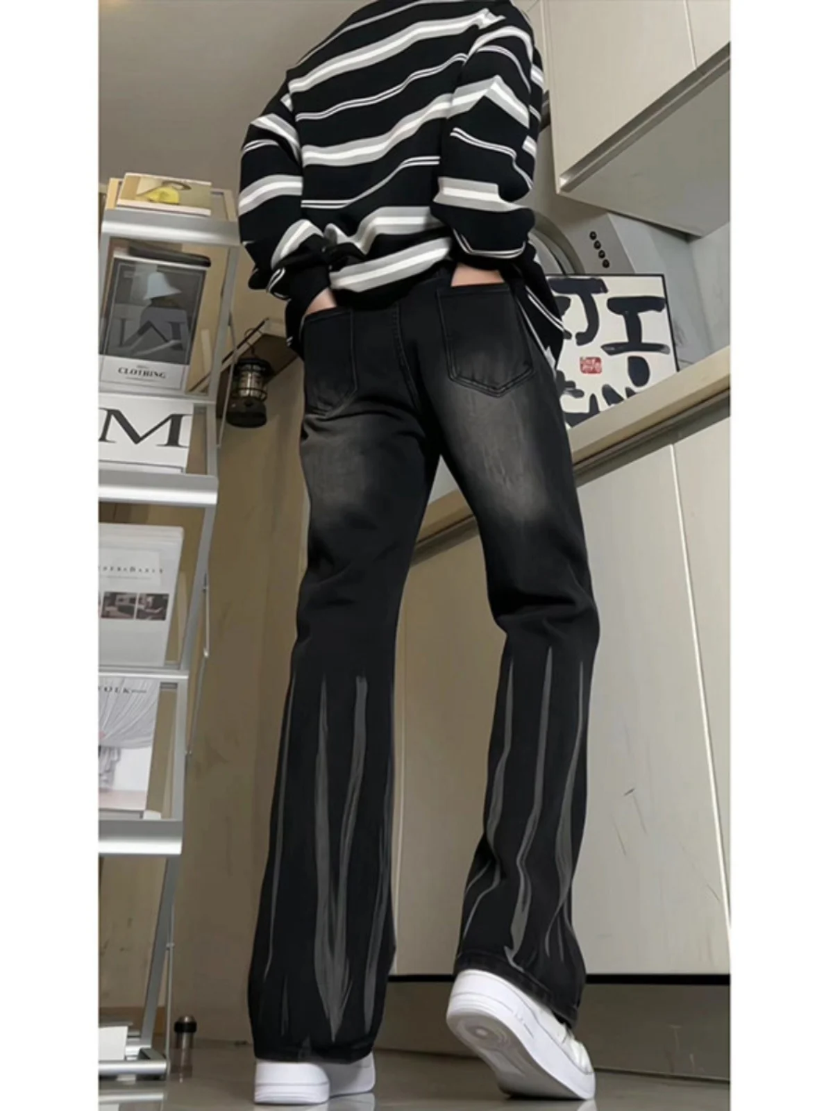 

Мужские джинсы с эффектом тай-дай и полосками в американском стиле, зауженные, прямые, с легким расклешением, длинные брюки, модный молодежный тренд