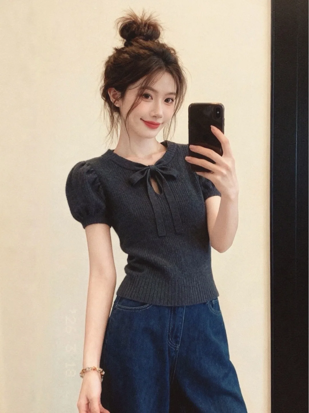 

Deep Grey Hollow out Slim Fit Short Sleeve T-Shirt Women's Korean Style Beautiful Top Summer Fashion Knot Design