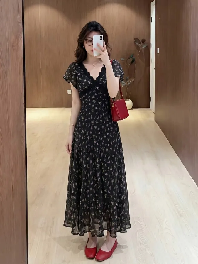 

Summer Korean Style plus Size Floral Print Dress Lace Trim Splice Long A-Line Skirt Women Breathable Skin-Friendly Short Slee...