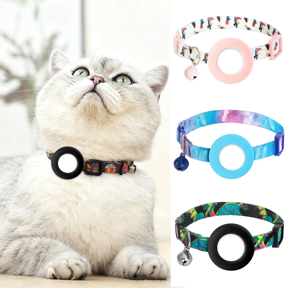 Verstellbares, niedliches, bedrucktes Haustierhalsband für AirTag, Anti-Verlust-Haustierhalsband für Katzen/kleine Hunde mit Glocke, abnehmbares Sicherheits-Haustierhalsband