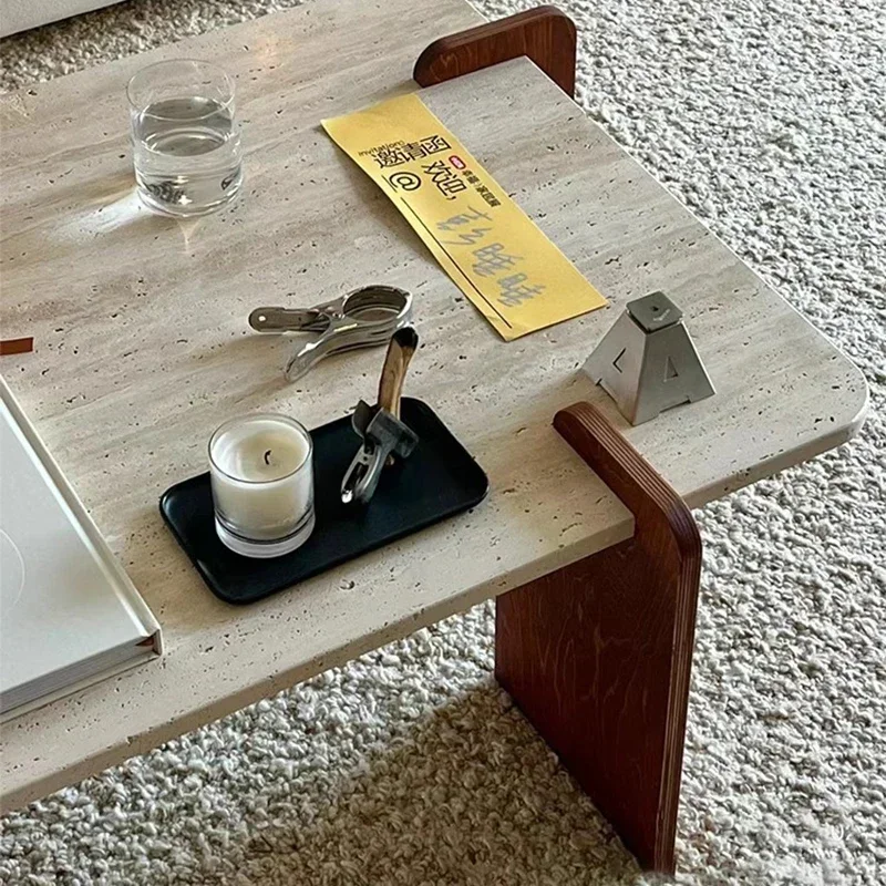 Nordic Wabi Sabi Natural Travertine Coffee Tables Rectangular Cream Style Corner Side Table Living Room Stoły Furniture New
