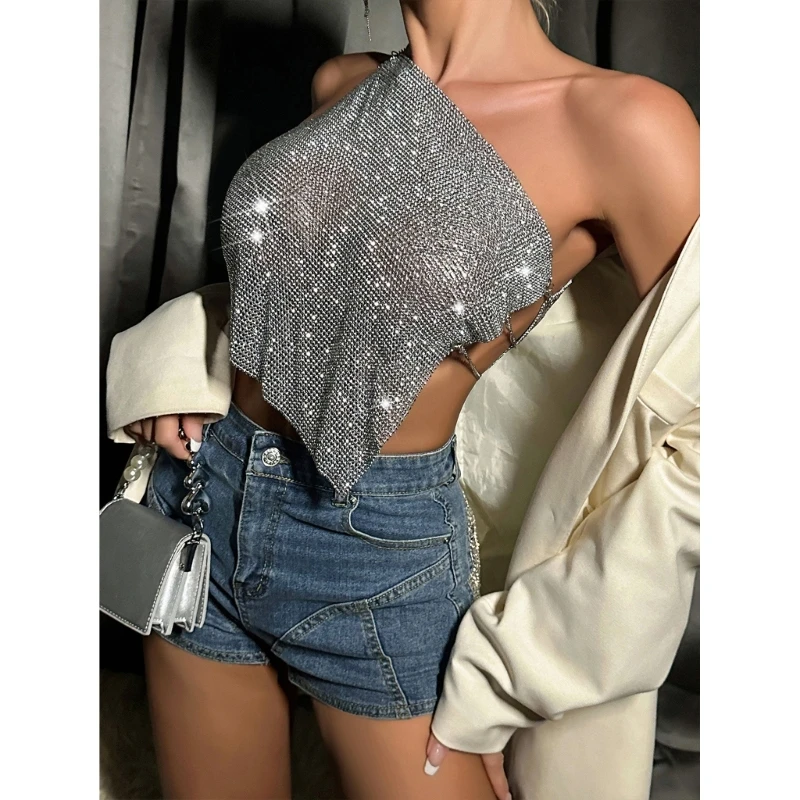 Top corto con diamantes imitación, camisetas sin mangas con cristales brillantes, trajes playa con cuello Halter