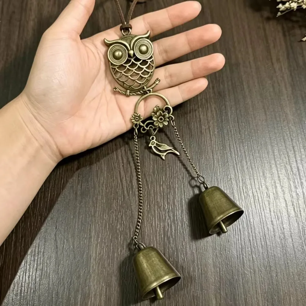 Metal Wind Chime Owl Wind Chime Metal Double Bells Decorative Pendant Owl Shape Butterfly Detail Hanging Ring Bell Hanging Decor