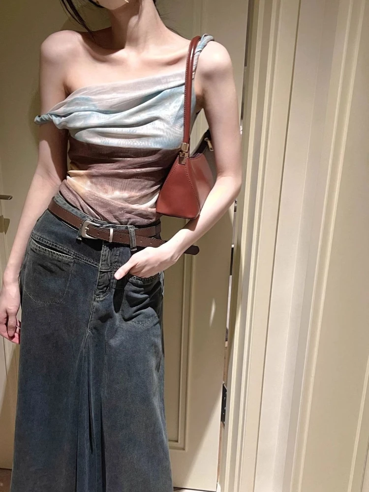 Trendy Womens Gradient Abstract Oil Painting Net Asymmetrical Hem Camisole Crop Top Shoulderless Layering Summer Cami Blouse