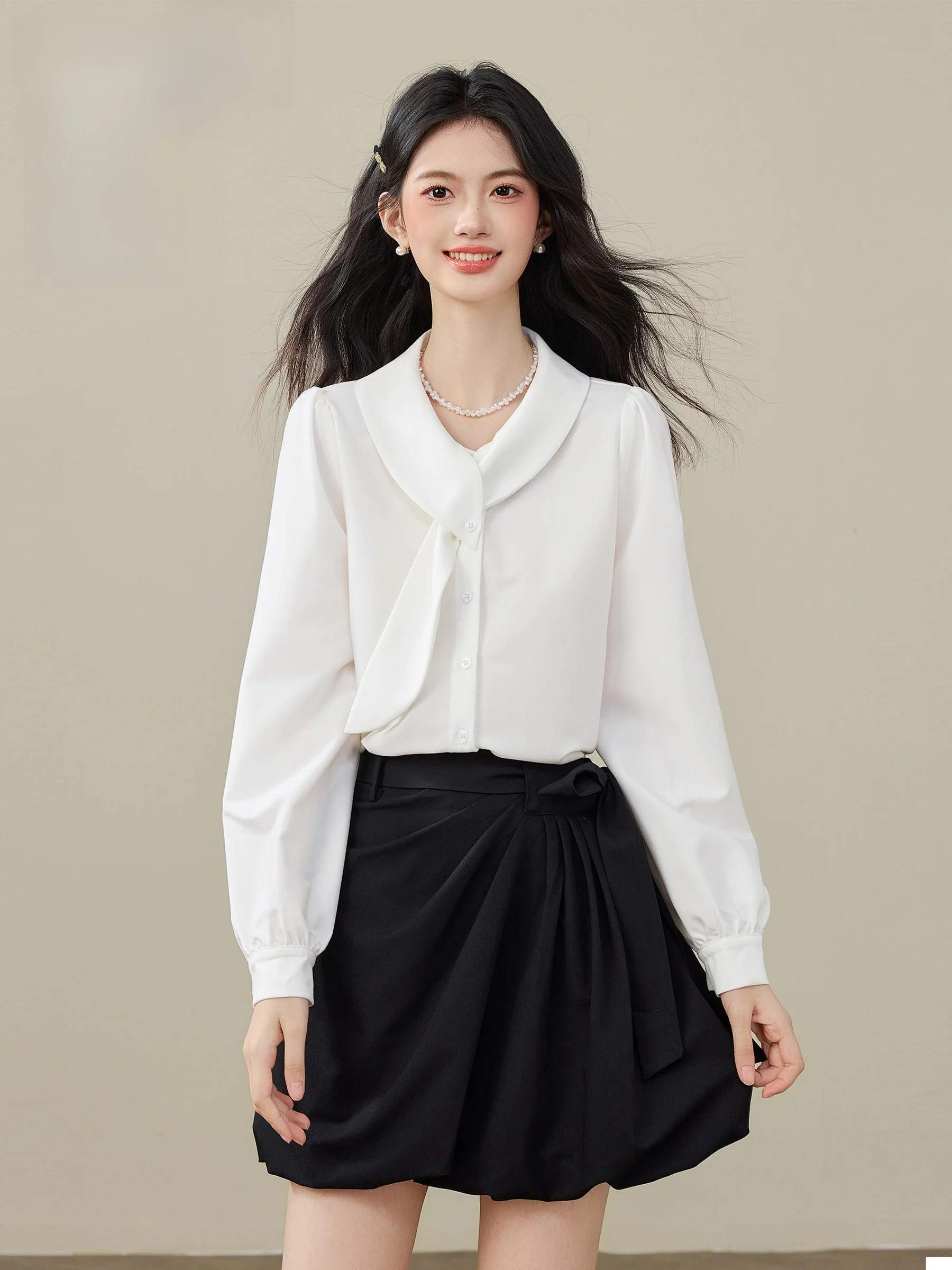 

Asymmetric Netie Long Sve White irt Ele Top for Women Lingjiu Wind Chen Light Costume 2025 Initial Autumn New Sle