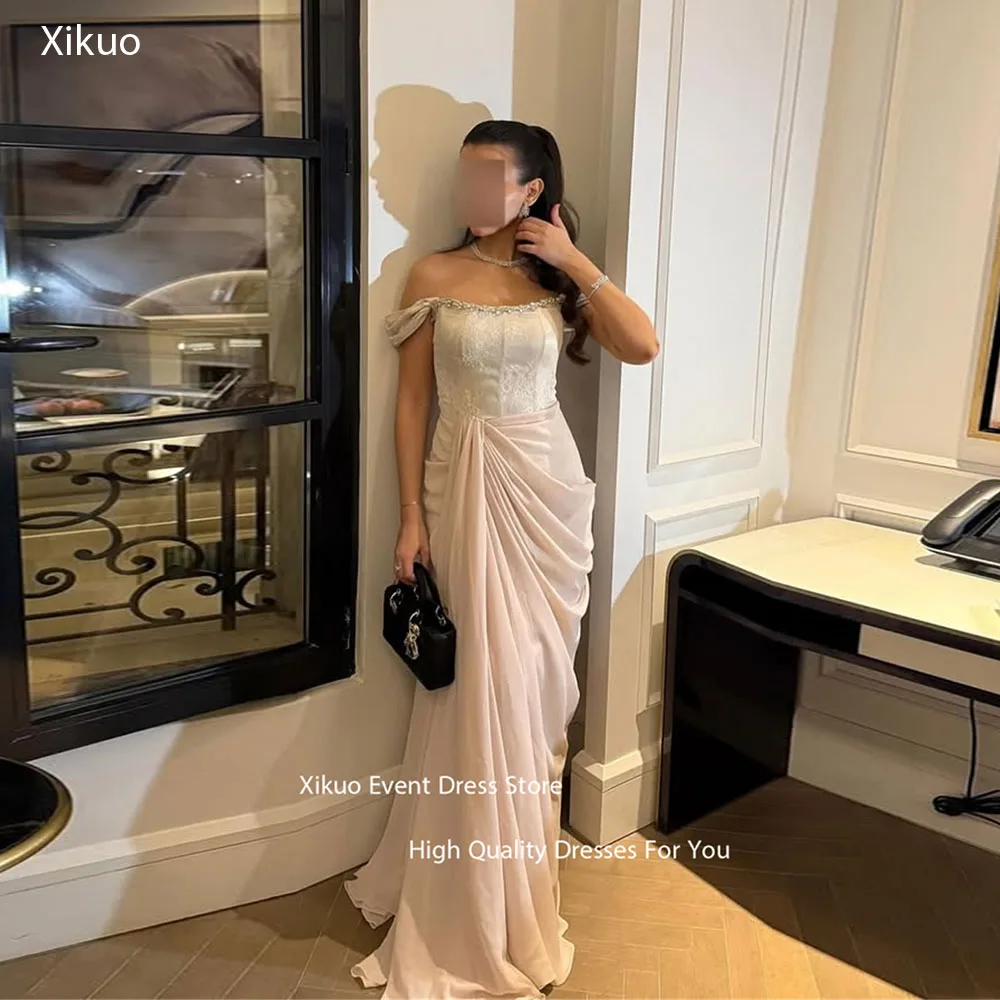 Xikuo オフショルダーマーメイドイブニングドレスフロアレングス高品質パーティードレスプリーツシャーリング Vestidos デ フィエスタカスタマイズ