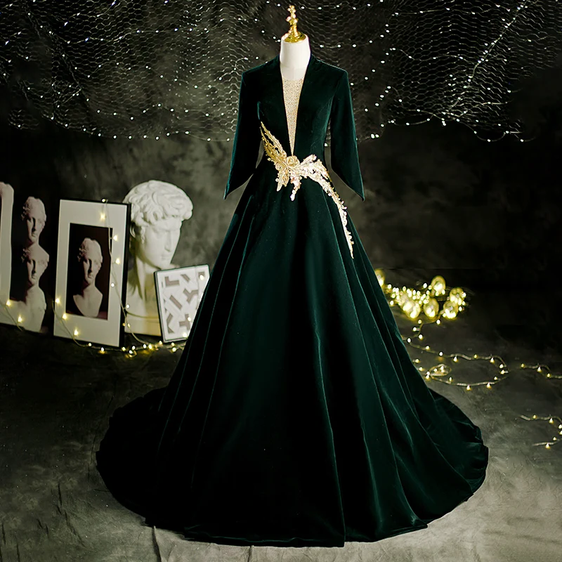 

Вечернее платье из бархата цвета оливы для женщин, костюм для выступлений, экзаменов по вокалу и художественным экзаменам, миди-платье с поясом